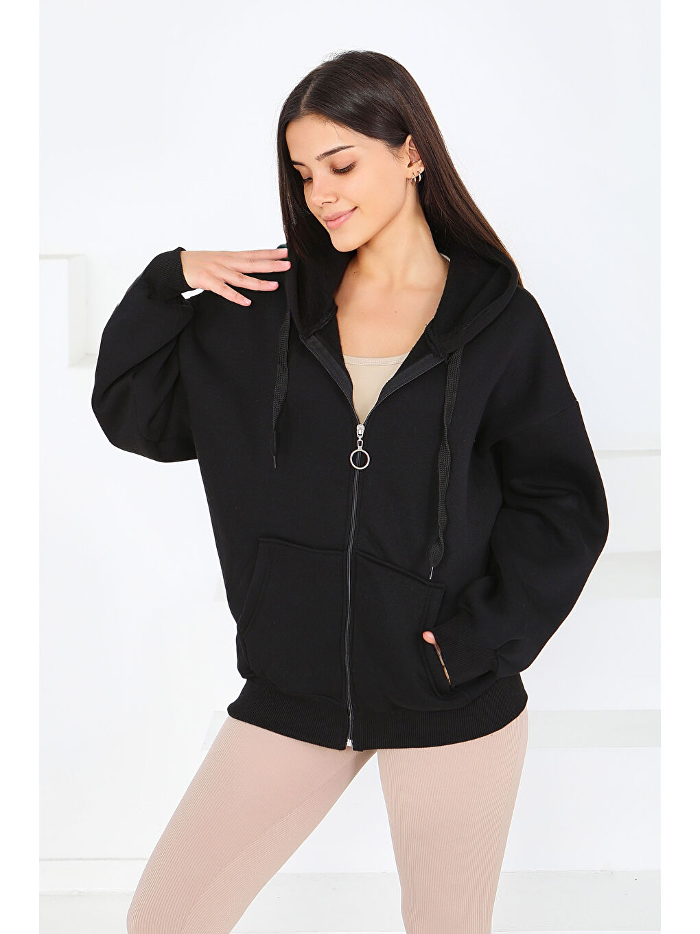 Kanguru Cepli Fermuarlı Şardonlu Üç İplik Sweat Siyah - 27802-SIYAH-1