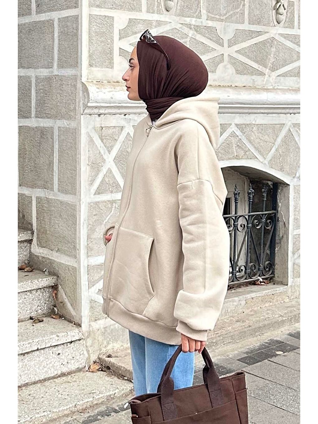 Kapüşonlu Oversize Yan Cepli Sweat Bej-1