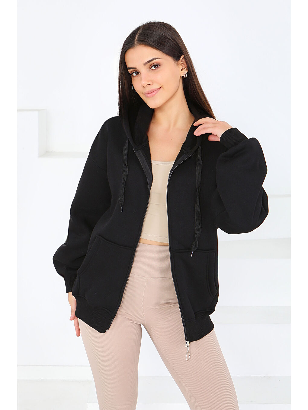 Kanguru Cepli Fermuarlı Şardonlu Üç İplik Sweat Siyah - 27802-SIYAH-2