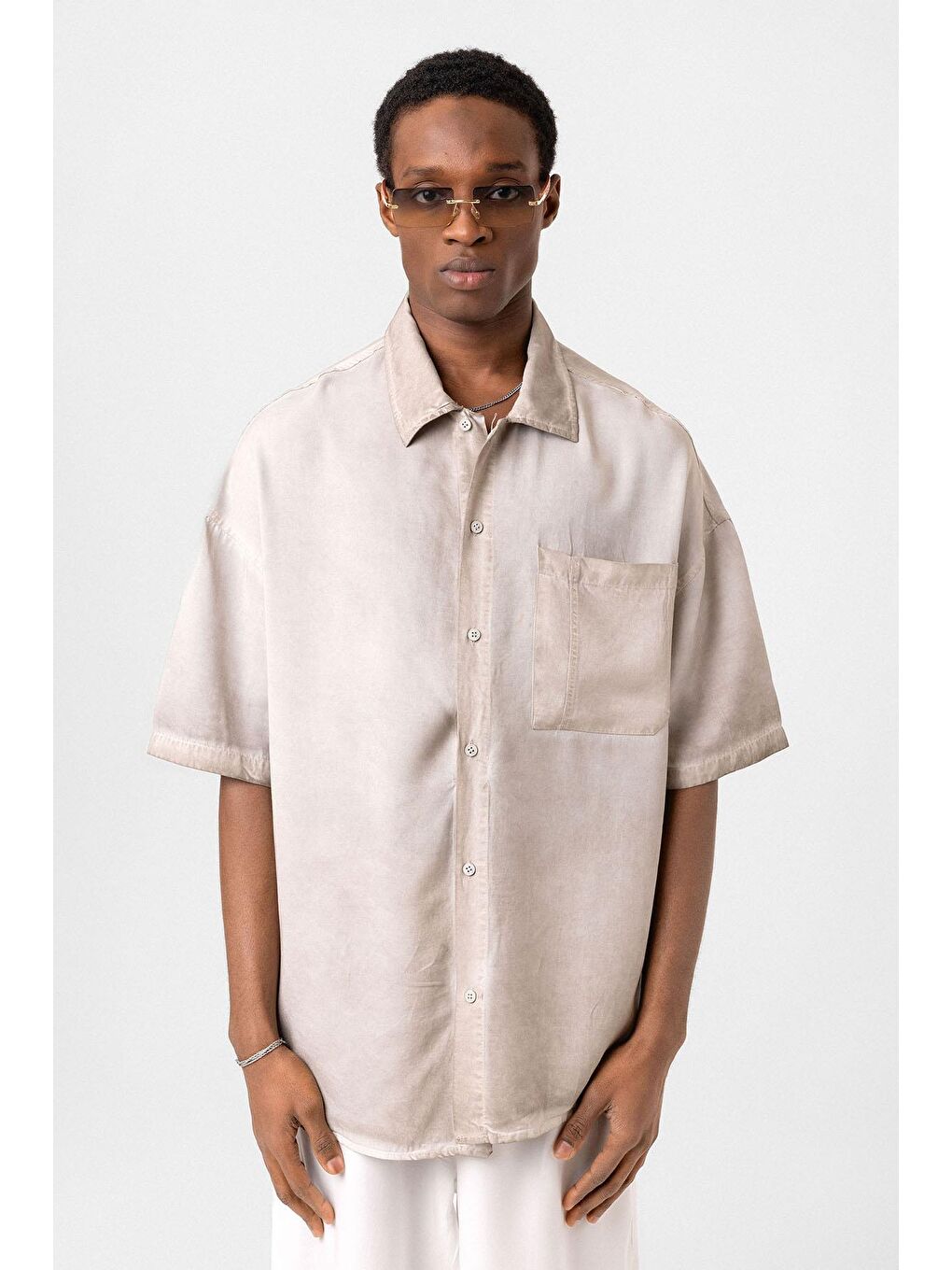 Bej Yıkamalı Kısa Kollu Oversize Gömlek Taş-2