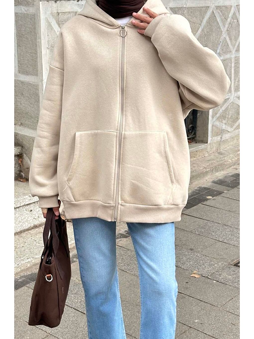 Kapüşonlu Oversize Yan Cepli Sweat Bej-2