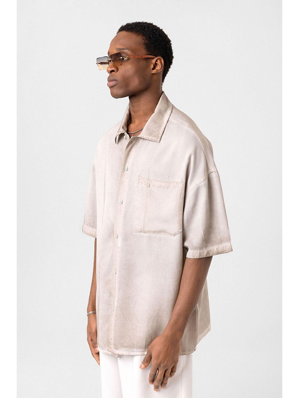 Bej Yıkamalı Kısa Kollu Oversize Gömlek Taş-3