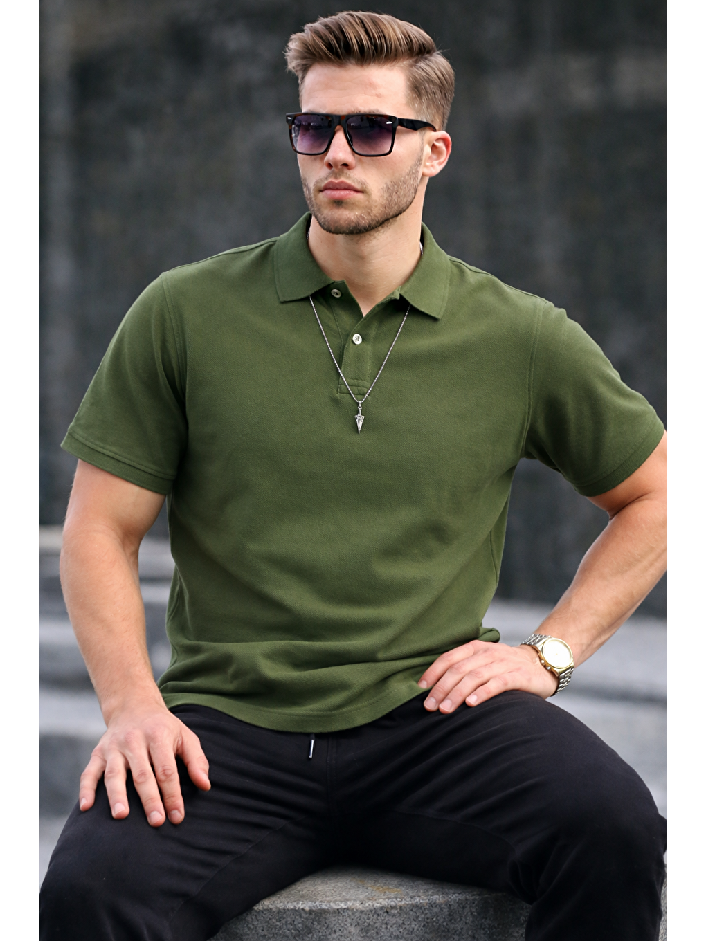 Erkek Basic Relax Haki Polo Yaka Tişört-2