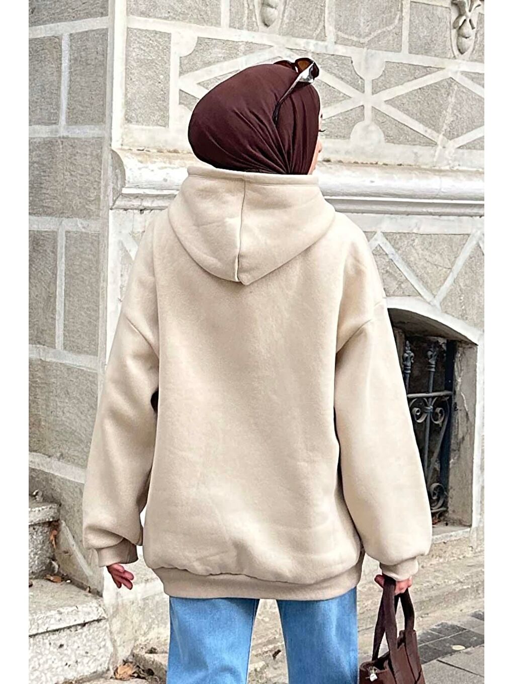 Kapüşonlu Oversize Yan Cepli Sweat Bej-3