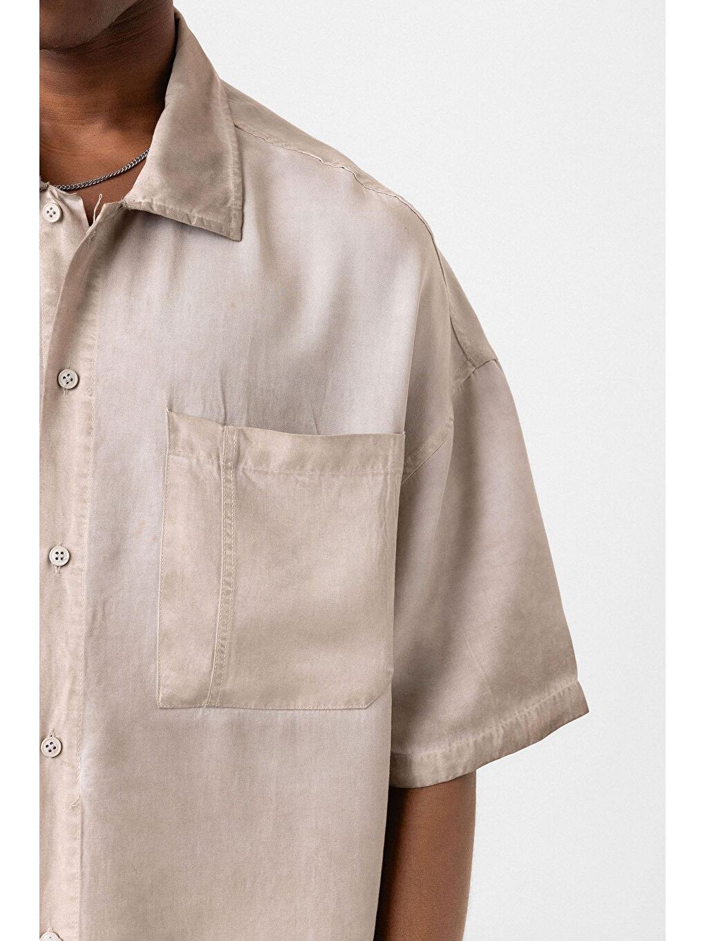 Bej Yıkamalı Kısa Kollu Oversize Gömlek Taş-5