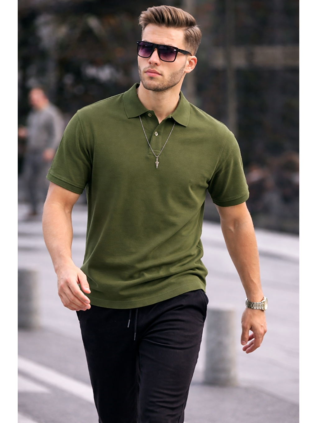 Erkek Basic Relax Haki Polo Yaka Tişört-3