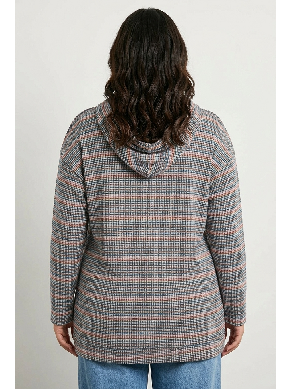 Karışık V Yaka Uzun Kollu Kapüşonlu Dokulu Esnek Kumaşlı Sweatshirt-3