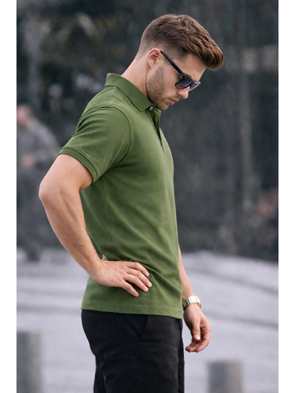 Erkek Basic Relax Haki Polo Yaka Tişört-5
