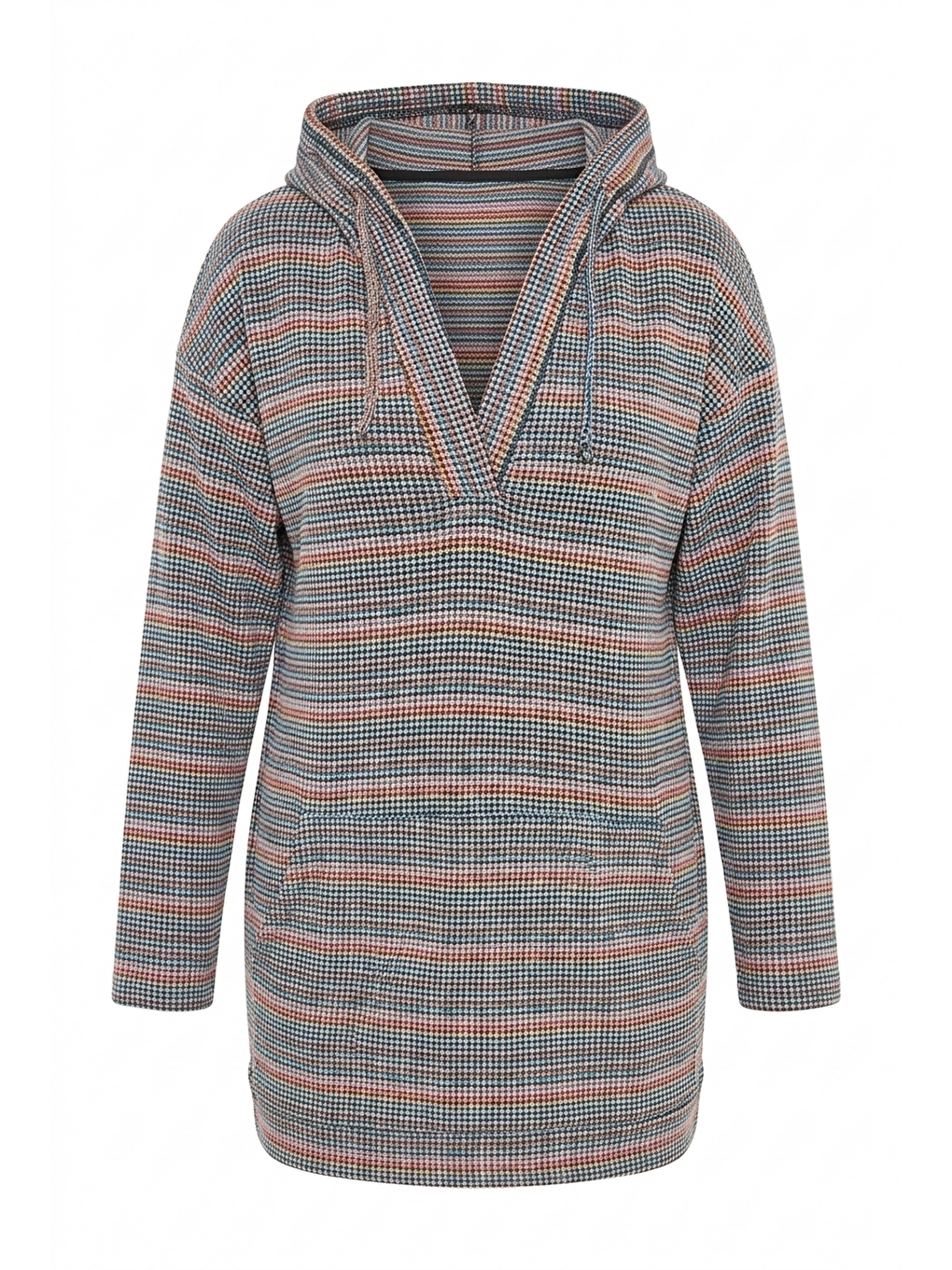Karışık V Yaka Uzun Kollu Kapüşonlu Dokulu Esnek Kumaşlı Sweatshirt-5
