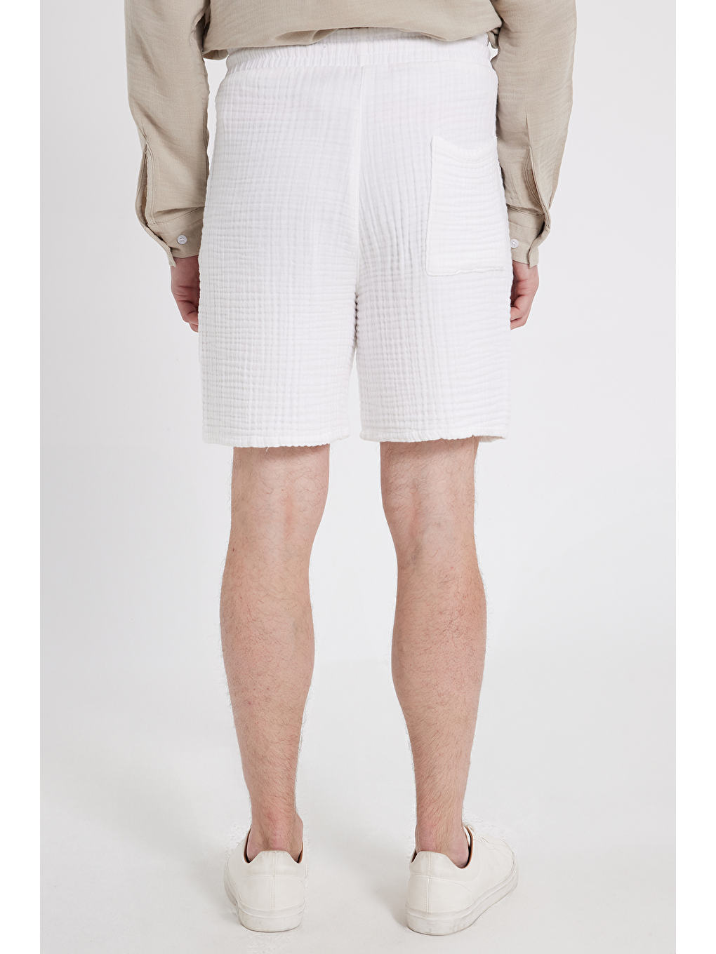 Erkek Regular Fit Rahat Kesim Müslin %100 Pamuk Beli Lastikli Cepli Bağcıklı Beyaz Şort-4
