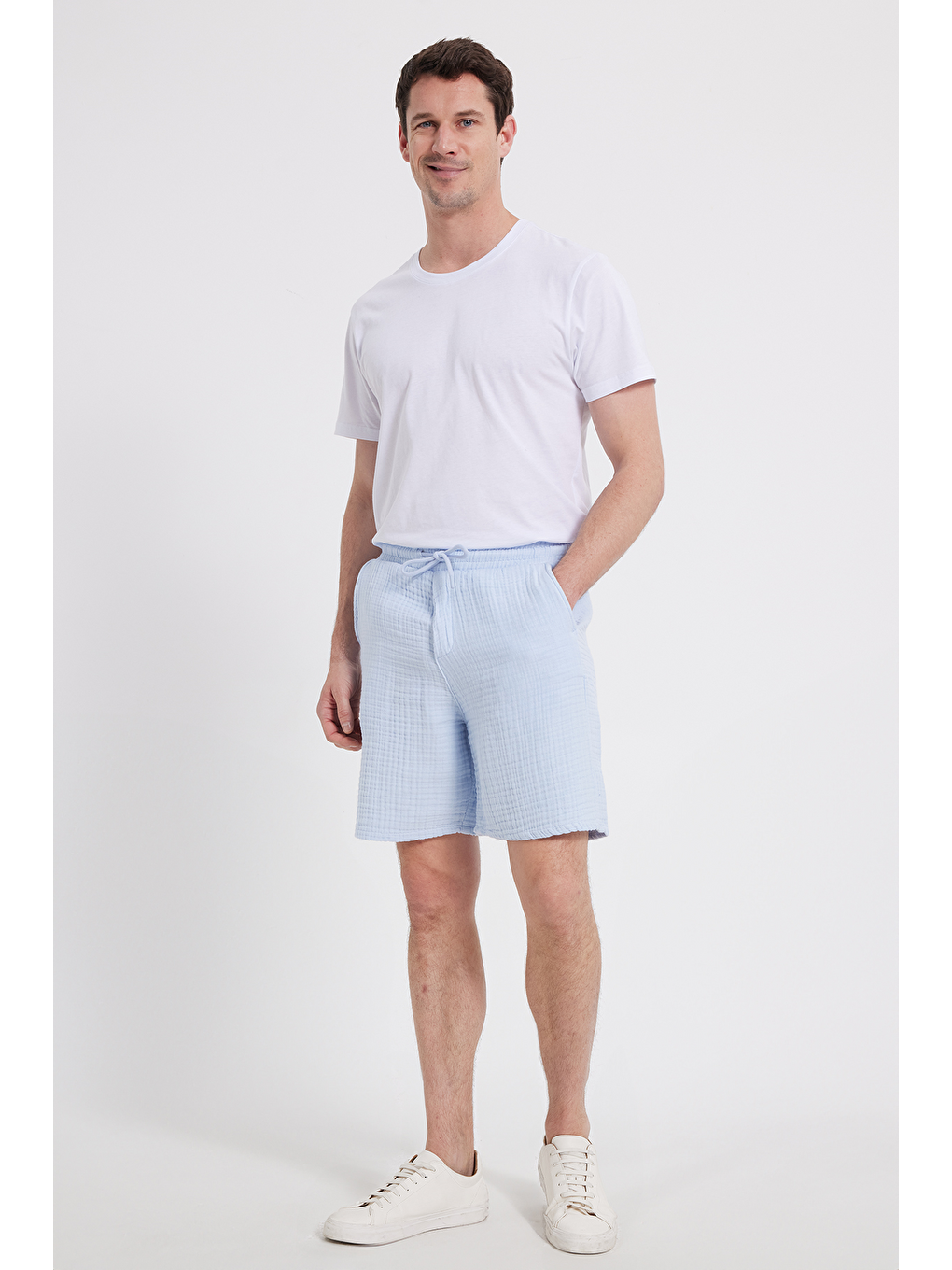 Erkek Regular Fit Rahat Kesim Müslin %100 Pamuk Beli Lastikli Cepli Bağcıklı Mavi Şort-3