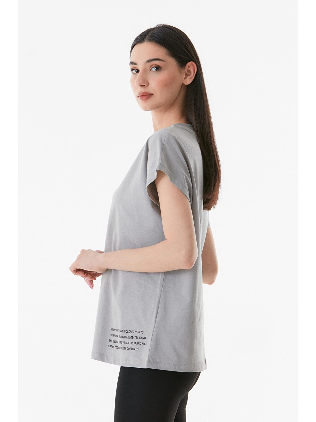Gri Yazı Baskılı Bisiklet Yaka Oversize Tişört-1