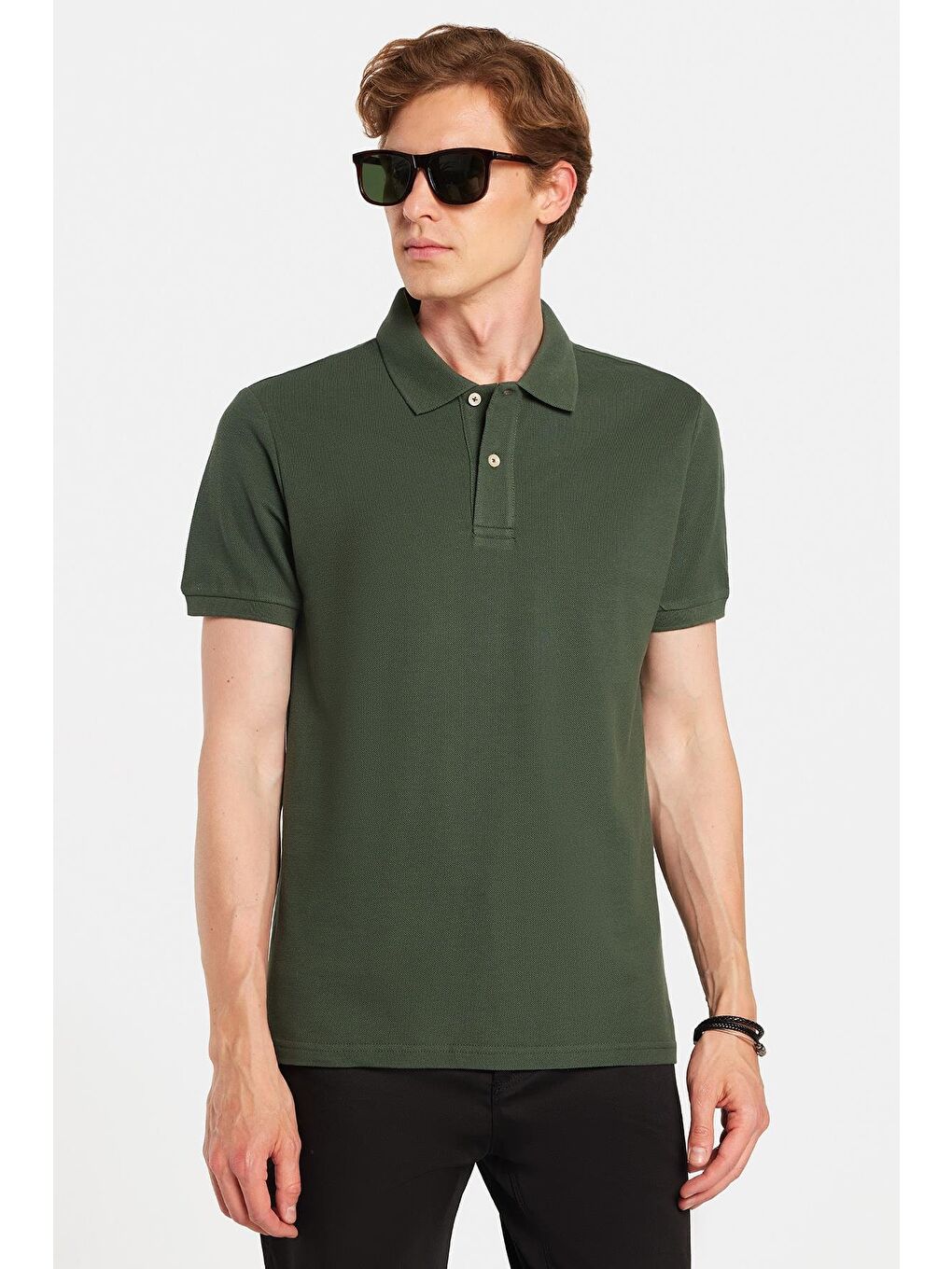 Erkek Slim Fit Dar Kesim %100 Pamuklu Yeşil Polo Yaka Tişört-3
