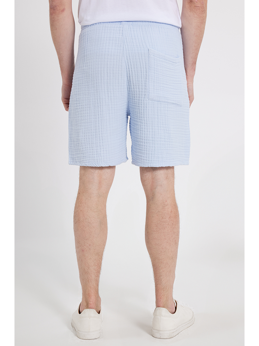 Erkek Regular Fit Rahat Kesim Müslin %100 Pamuk Beli Lastikli Cepli Bağcıklı Mavi Şort-5