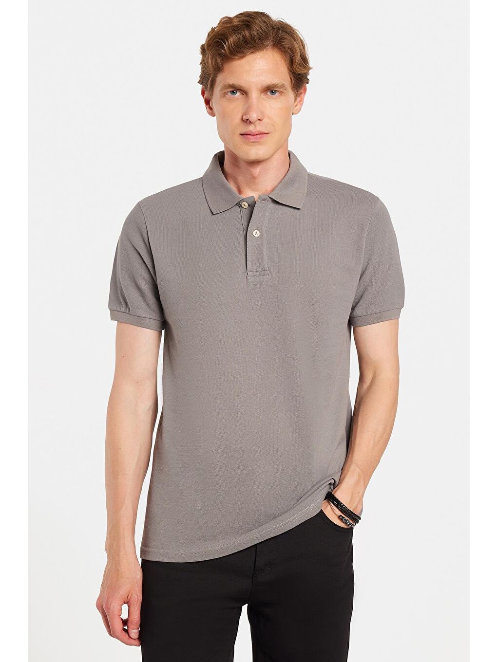 Erkek Slim Fit Dar Kesim %100 Pamuklu Gri Polo Yaka Tişört-1