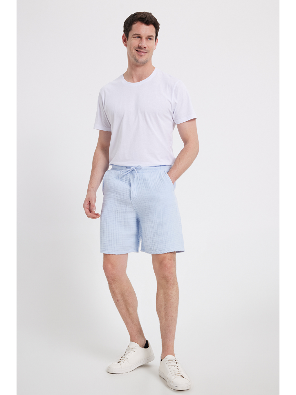 Erkek Regular Fit Rahat Kesim Müslin %100 Pamuk Beli Lastikli Cepli Bağcıklı Mavi Şort-6