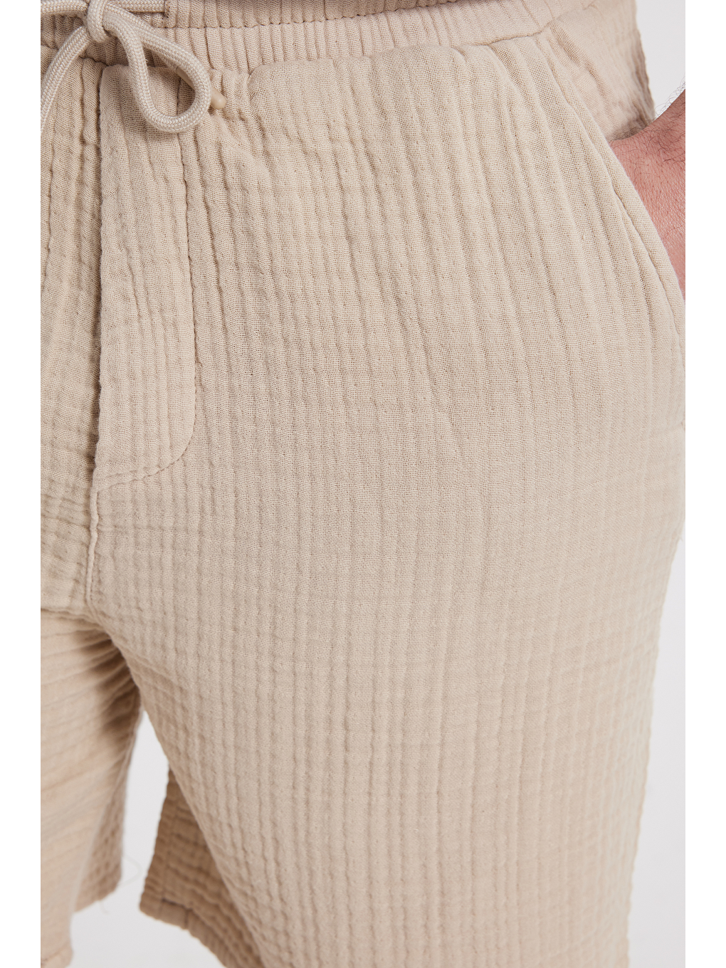 Erkek Regular Fit Rahat Kesim Müslin %100 Pamuk Beli Lastikli Cepli Bağcıklı Bej Şort-2