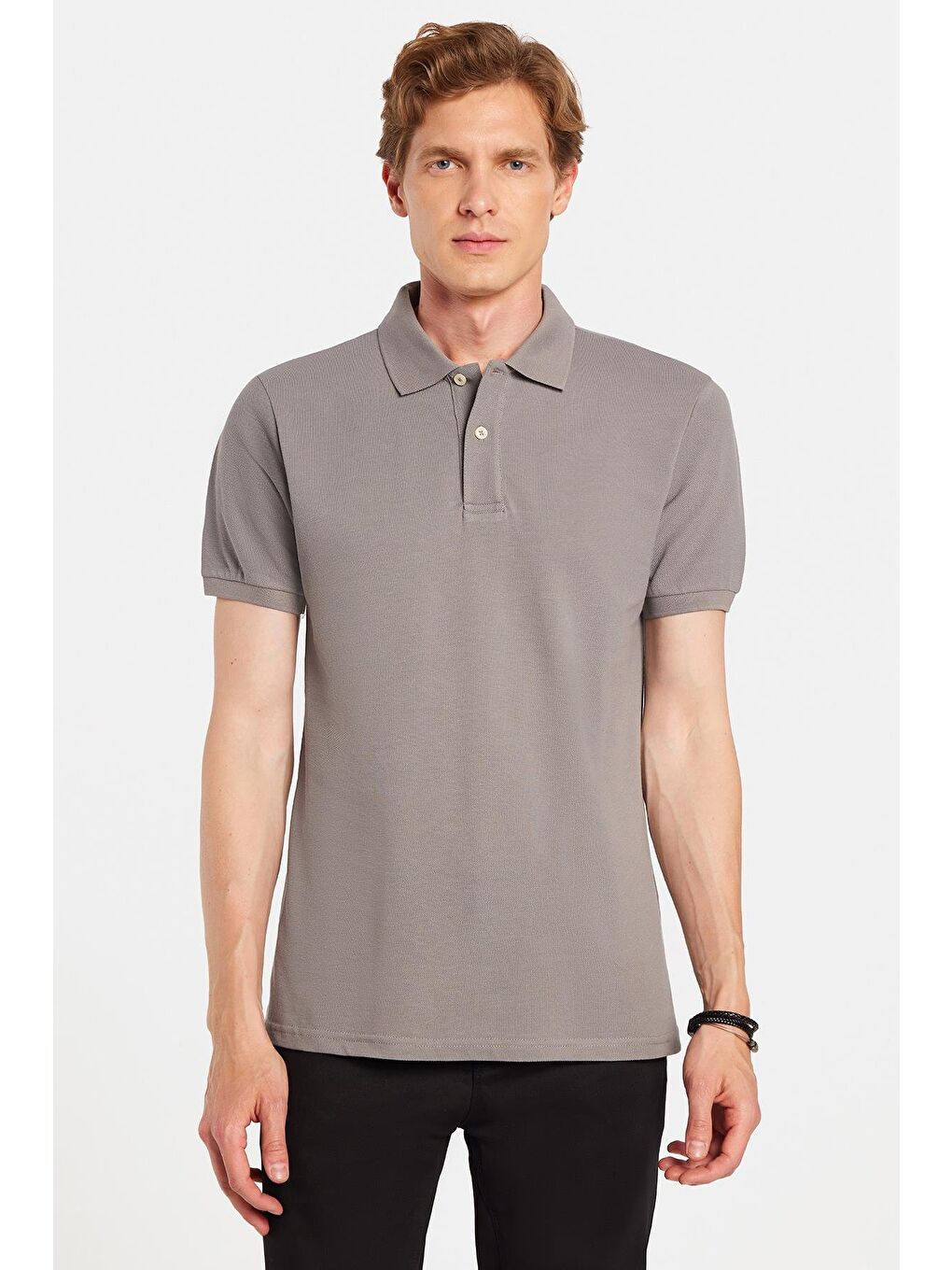 Erkek Slim Fit Dar Kesim %100 Pamuklu Gri Polo Yaka Tişört-3