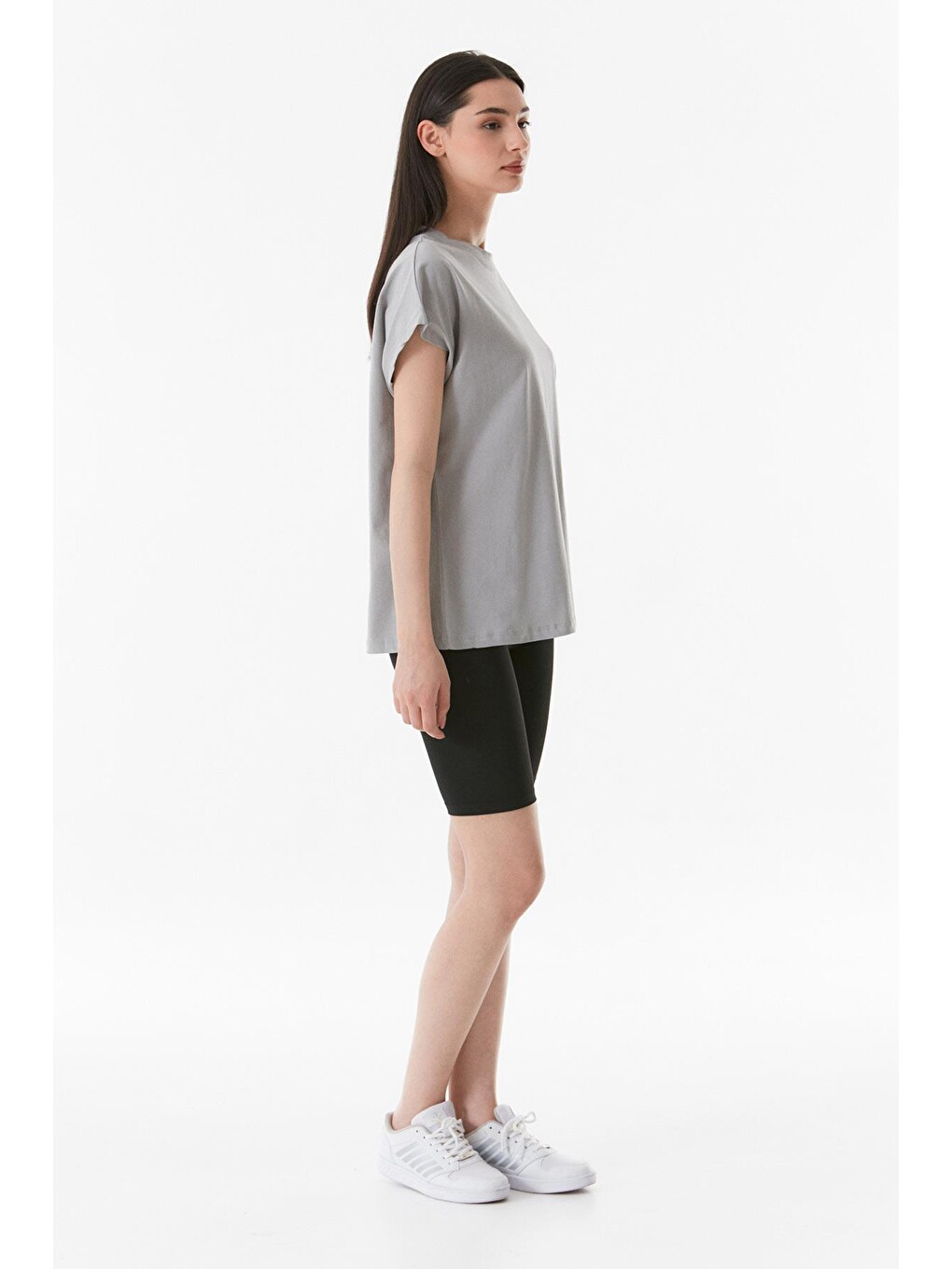 Gri Yazı Baskılı Bisiklet Yaka Oversize Tişört-3