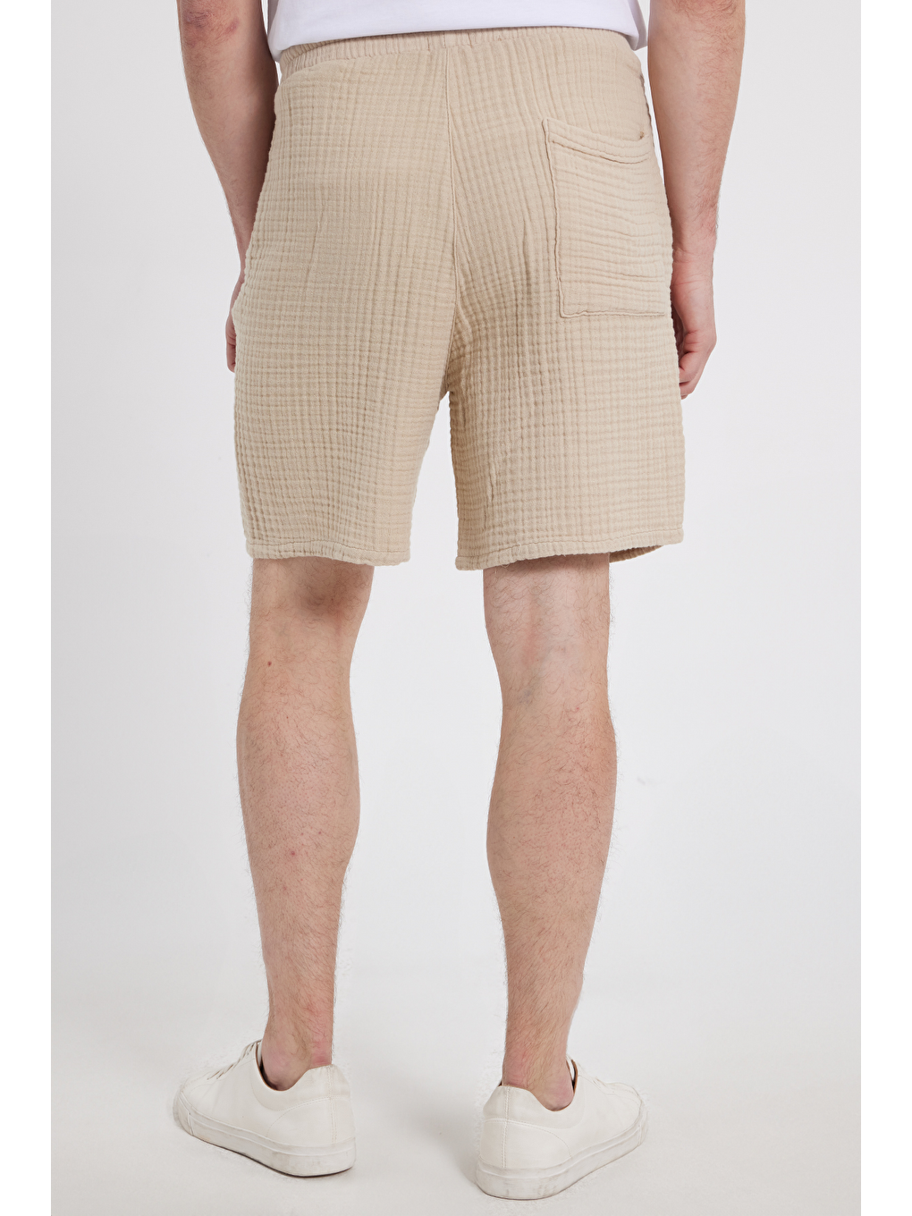 Erkek Regular Fit Rahat Kesim Müslin %100 Pamuk Beli Lastikli Cepli Bağcıklı Bej Şort-5