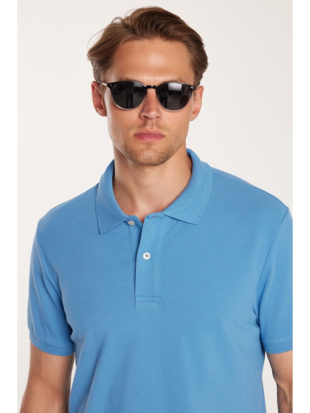 Erkek Slim Fit Dar Kesim %100 Pamuk Mavi Polo Yaka Tişört-1