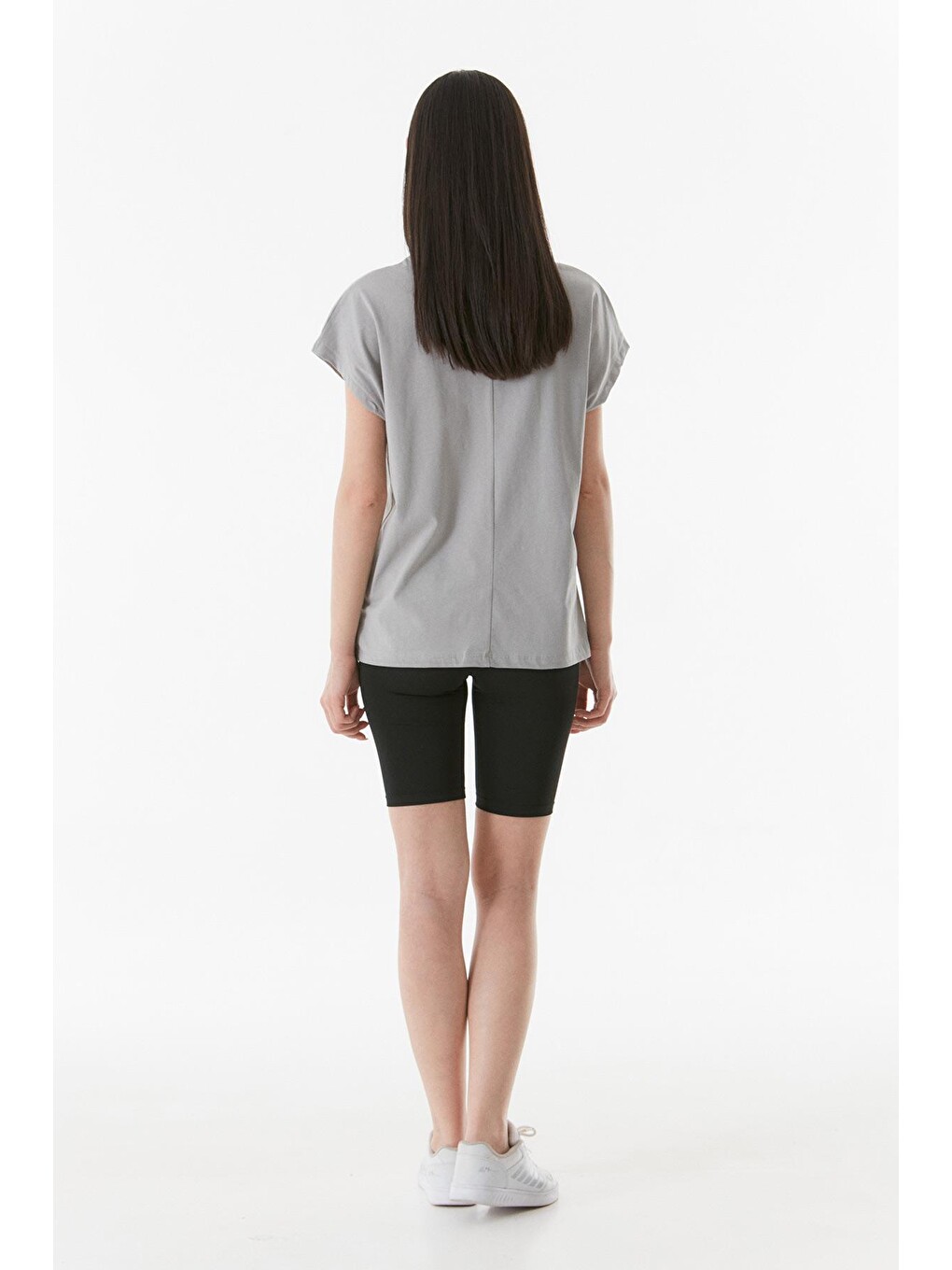 Gri Yazı Baskılı Bisiklet Yaka Oversize Tişört-4