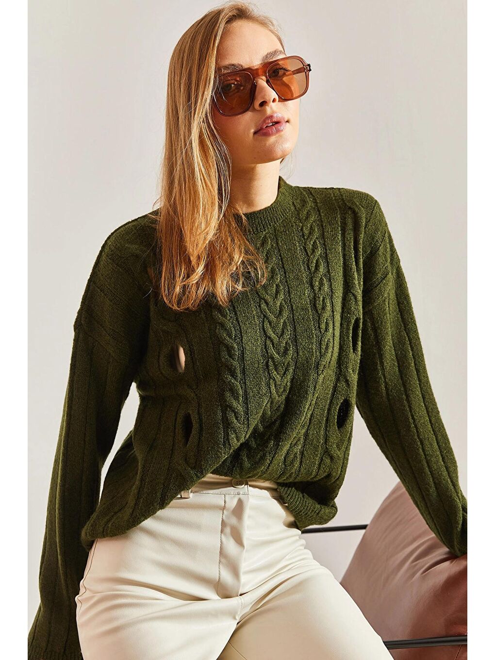 Yeşil Kadın Saç Örgülü Desenli Triko Kazak