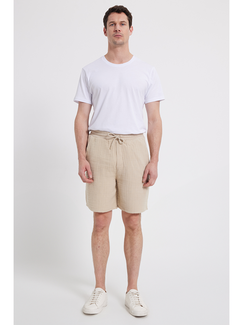 Erkek Regular Fit Rahat Kesim Müslin %100 Pamuk Beli Lastikli Cepli Bağcıklı Bej Şort-6