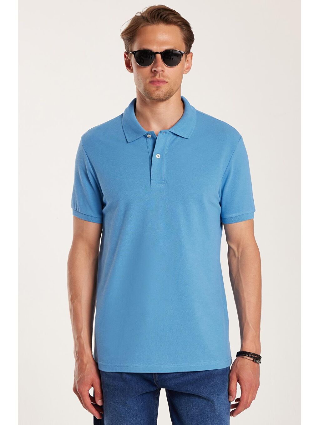 Erkek Slim Fit Dar Kesim %100 Pamuk Mavi Polo Yaka Tişört-3