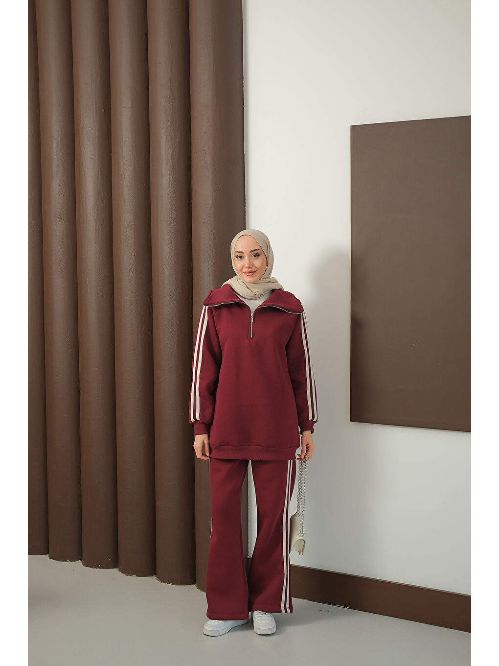 Kadın Yanları Şerit Detay Takım Bordo-1