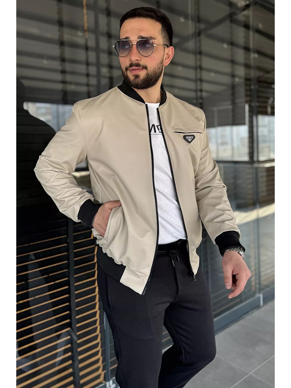 Bej Erkek Astarlı Suni Deri Mevsimlik Mont-1