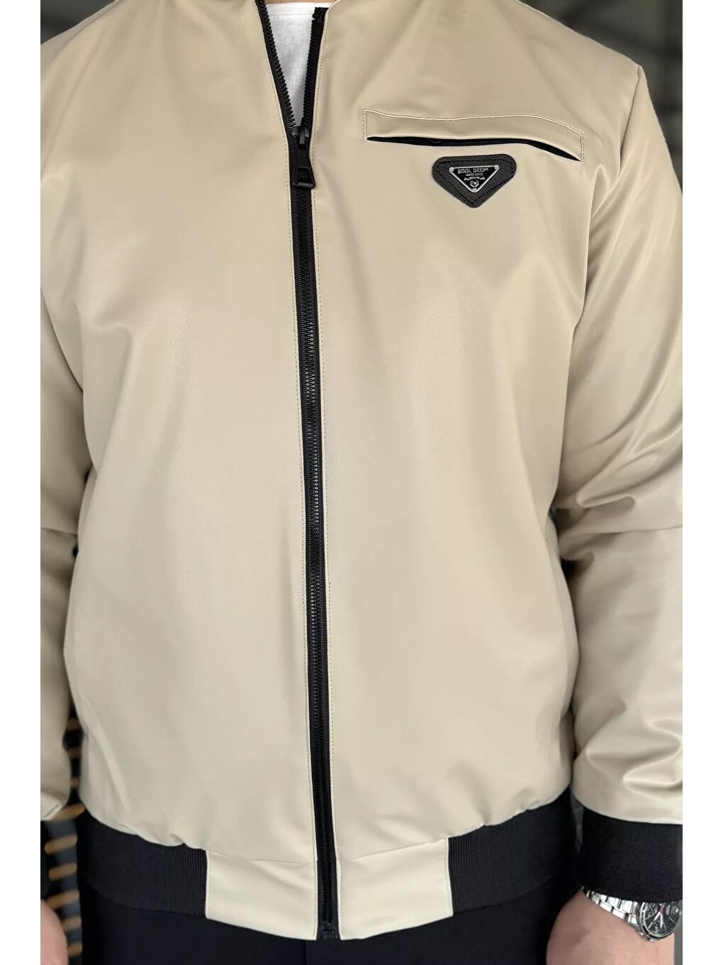 Bej Erkek Astarlı Suni Deri Mevsimlik Mont-3