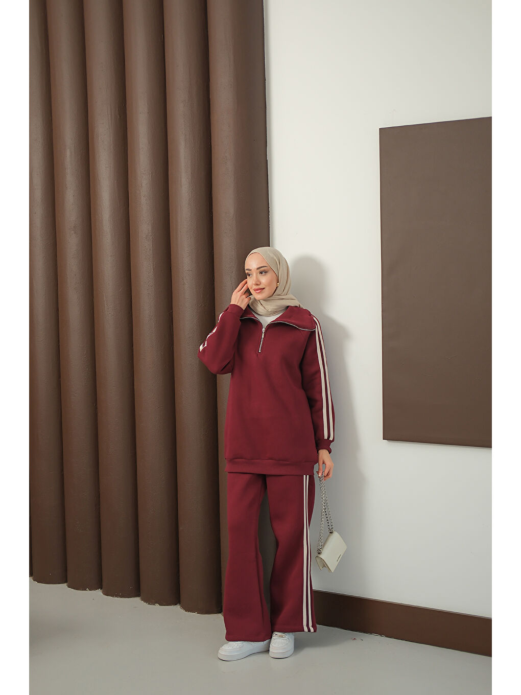 Kadın Yanları Şerit Detay Takım Bordo-2