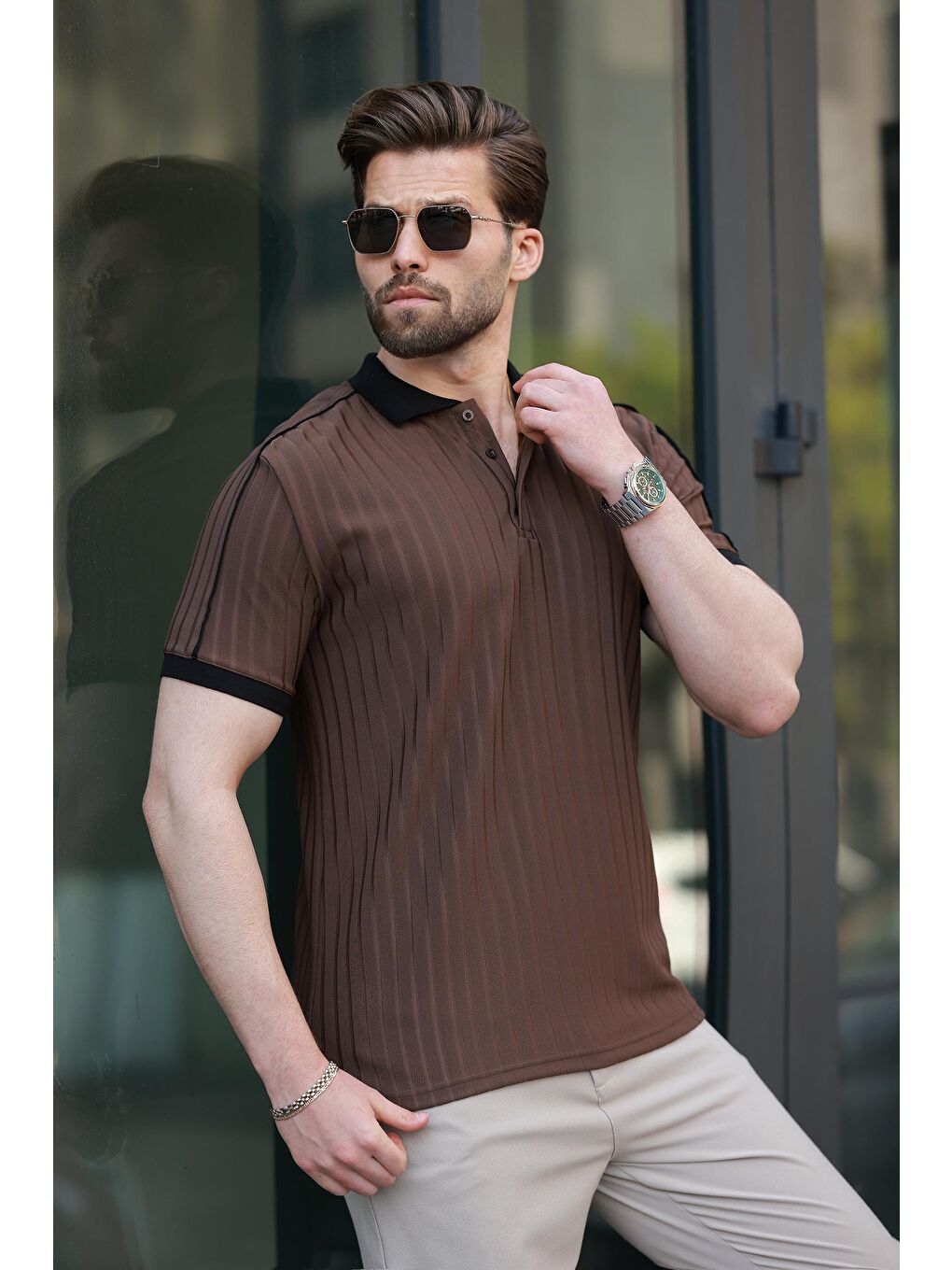 Kahverengi Desenli Polo Yaka Triko Erkek Tişört E7155