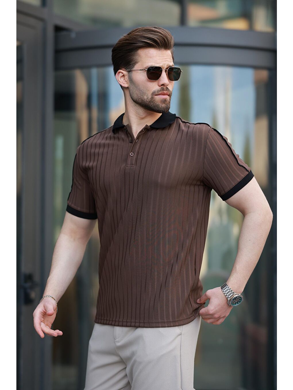 Kahverengi Desenli Polo Yaka Triko Erkek Tişört E7155-1
