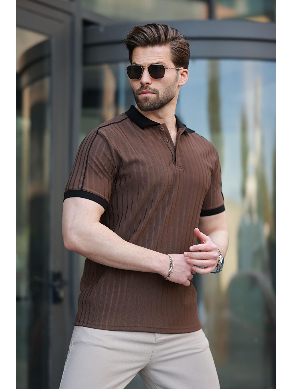 Kahverengi Desenli Polo Yaka Triko Erkek Tişört E7155-2