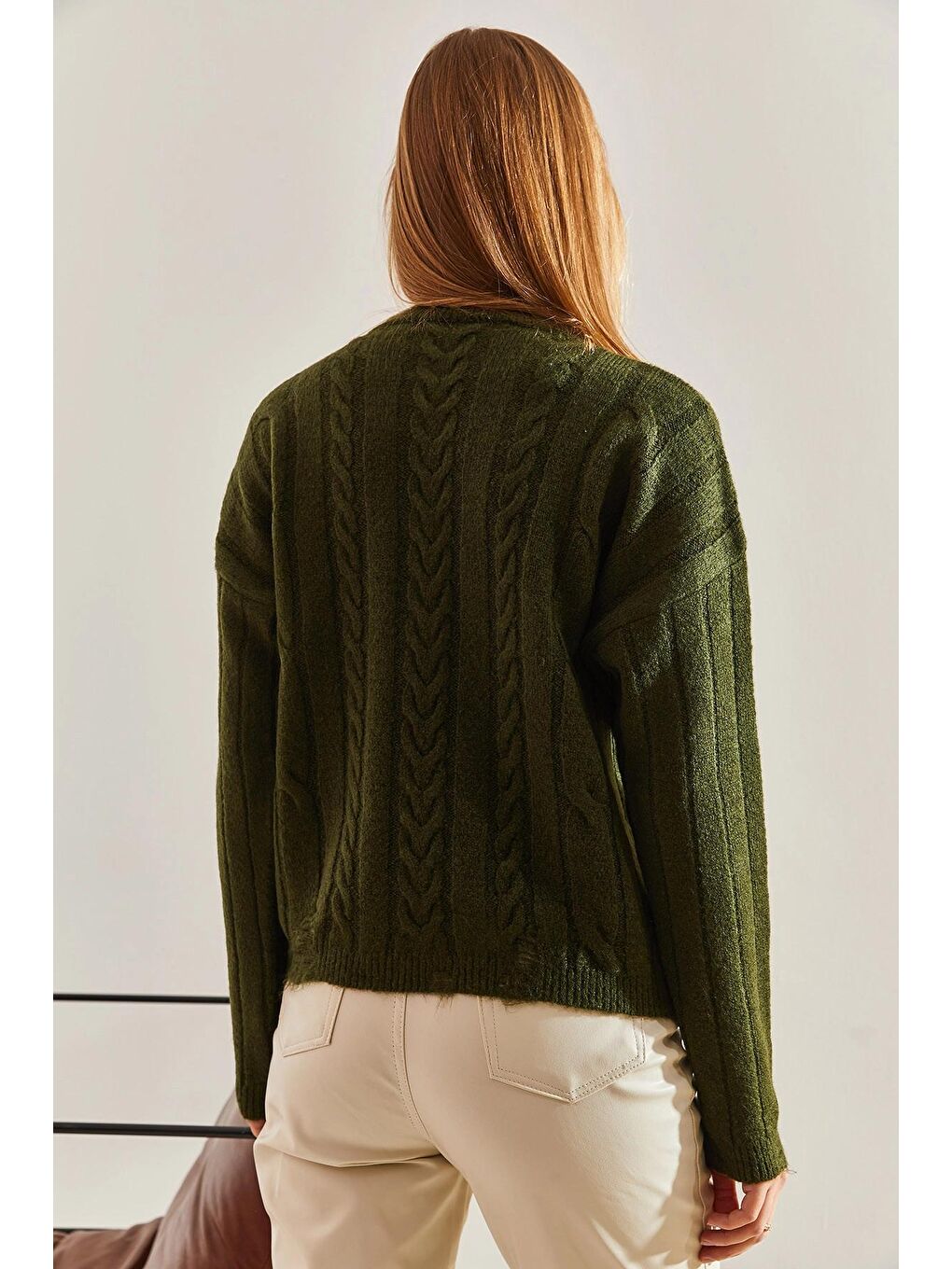 Yeşil Kadın Saç Örgülü Desenli Triko Kazak-1