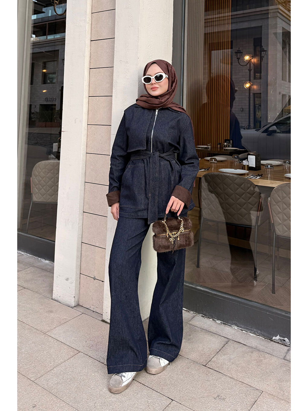 Kadın Kolları Süet Detay Takım Lacivert-1