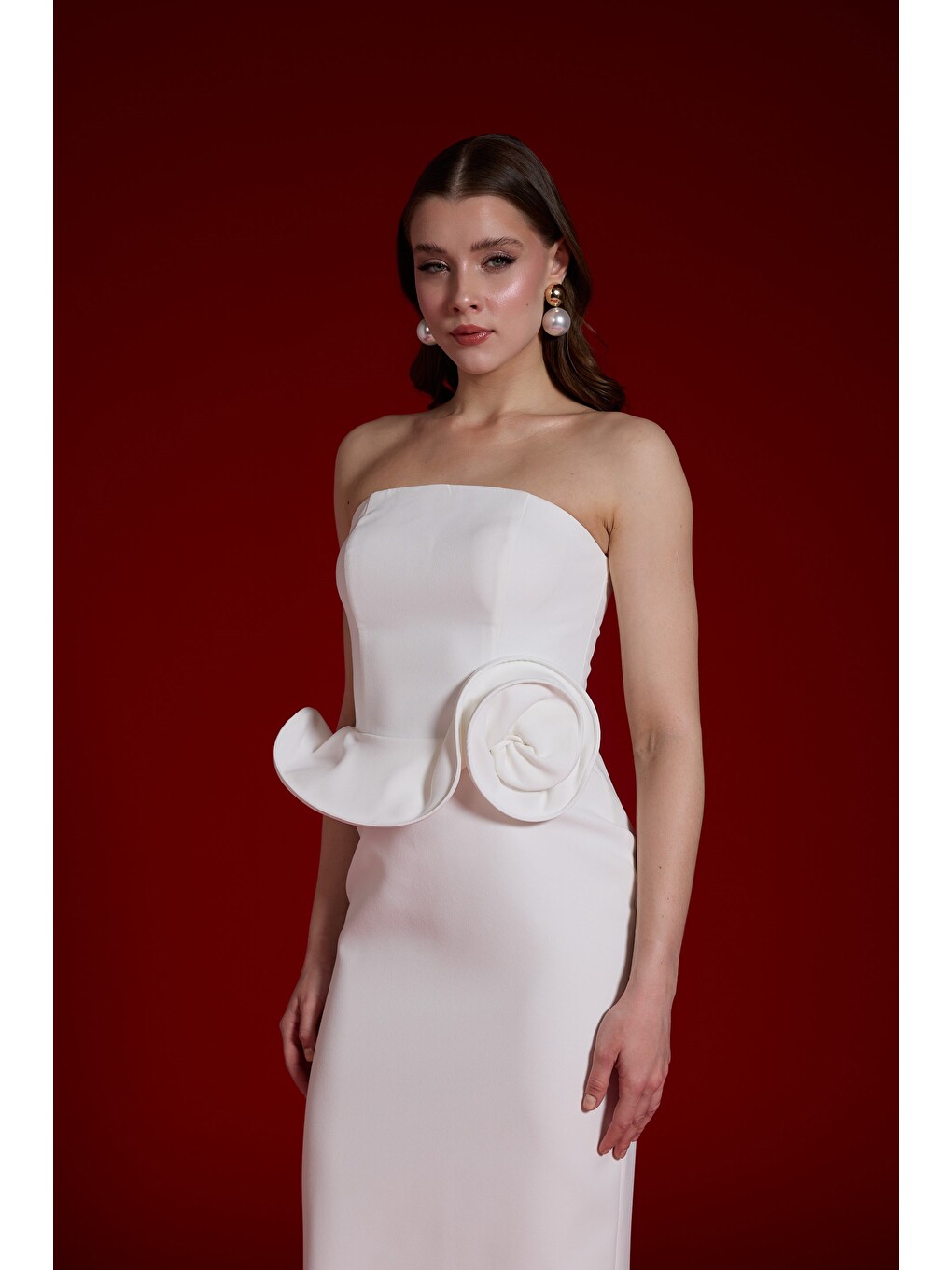 Beyaz Şallı Straplez Krep Nikah Elbisesi-4