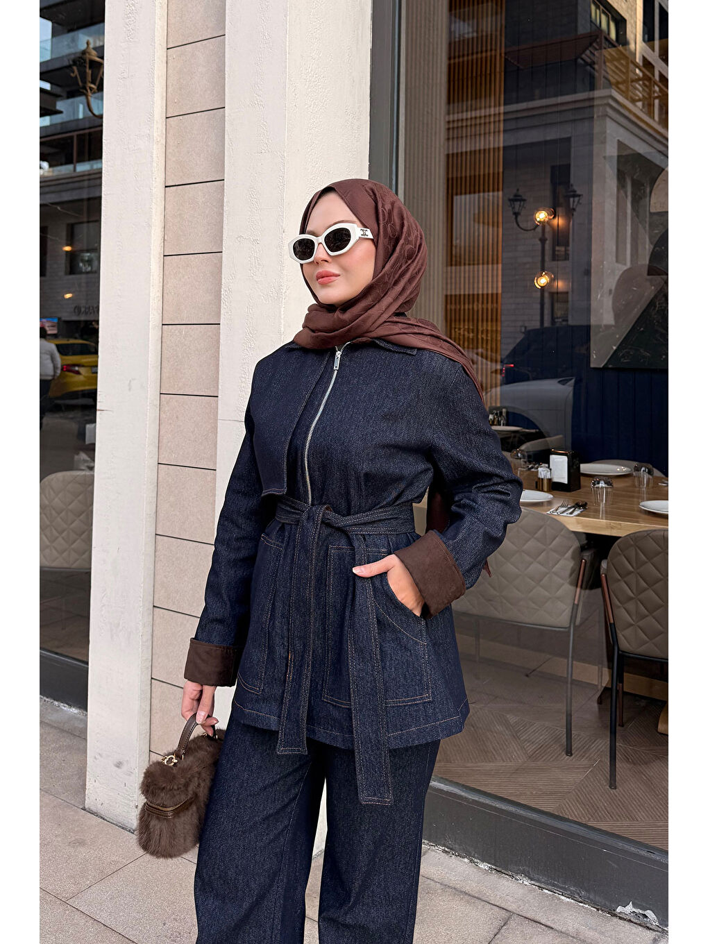 Kadın Kolları Süet Detay Takım Lacivert-3