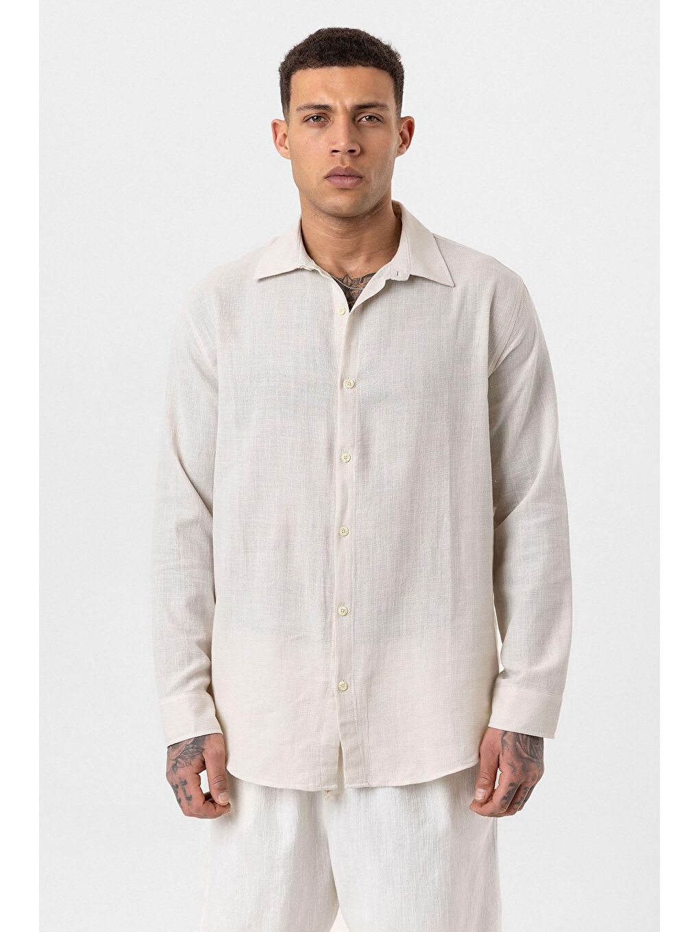 Uzun Kollu Basic Oversize Gömlek Bej-2