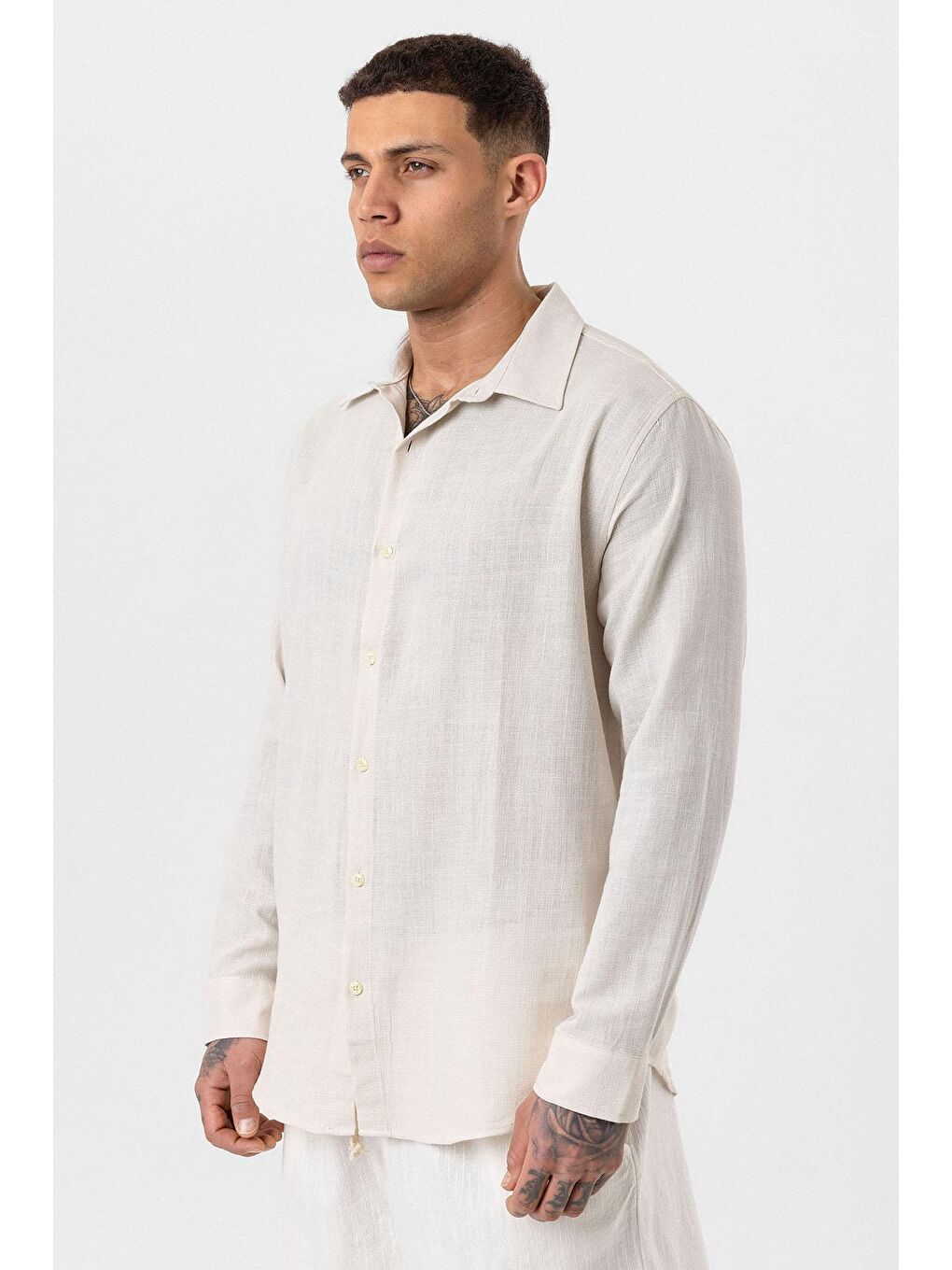 Uzun Kollu Basic Oversize Gömlek Bej-3