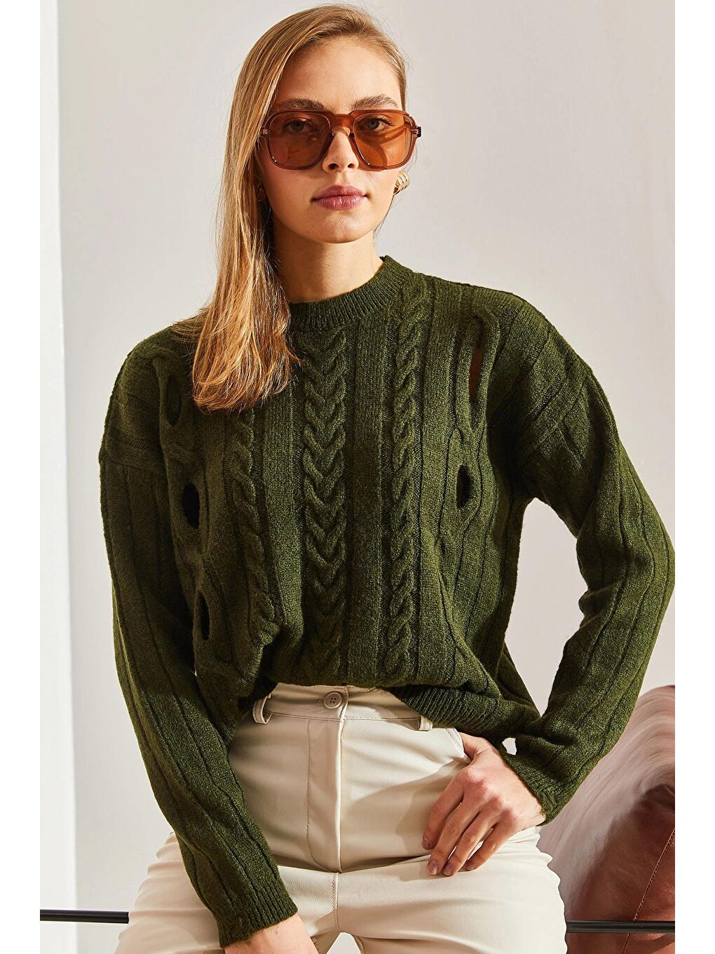 Yeşil Kadın Saç Örgülü Desenli Triko Kazak-2