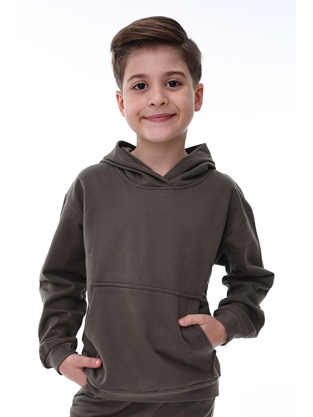 Haki Basic Kapüşonlu Şardonlu Kanguru Cep Detaylı Çocuk Sweatshirt 3-10 Yaş Ekru-1