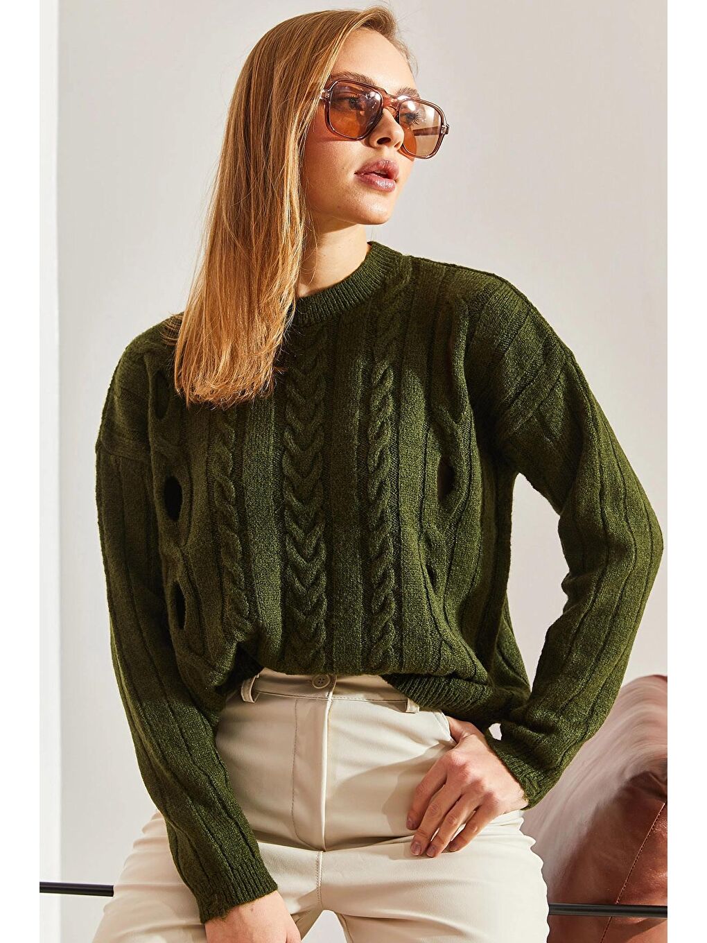 Yeşil Kadın Saç Örgülü Desenli Triko Kazak-3