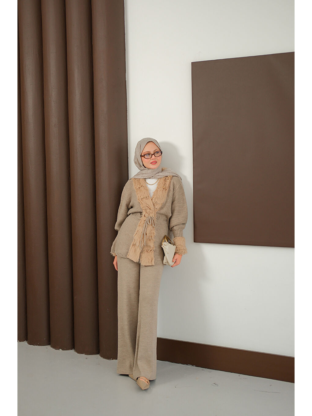 Bej Kadın Pelüş Detay Triko Takım Vizon-2