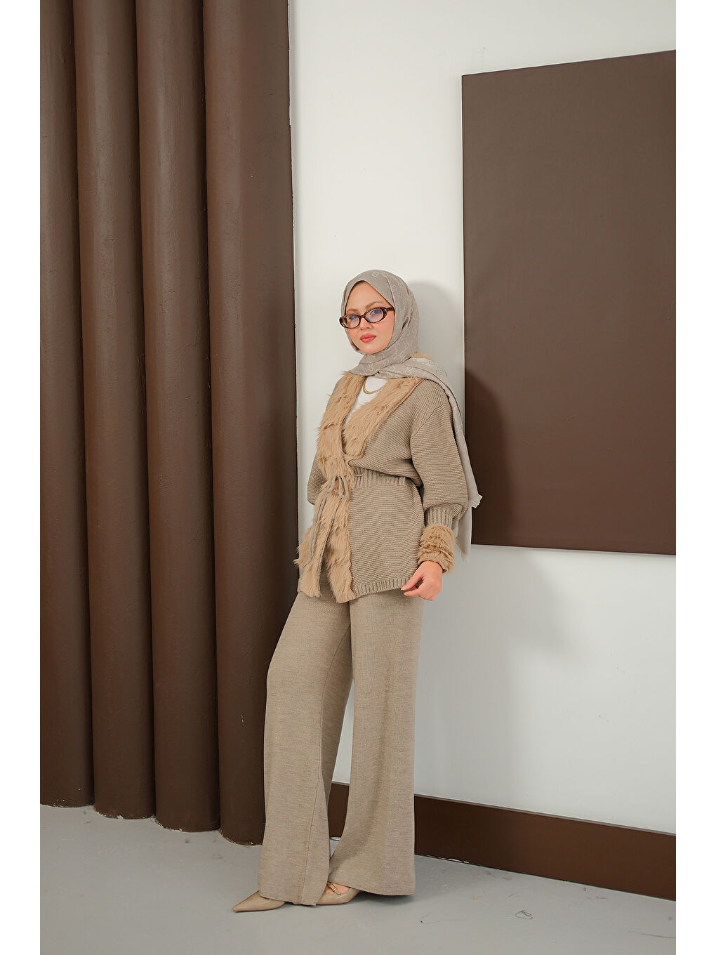 Bej Kadın Pelüş Detay Triko Takım Vizon-4
