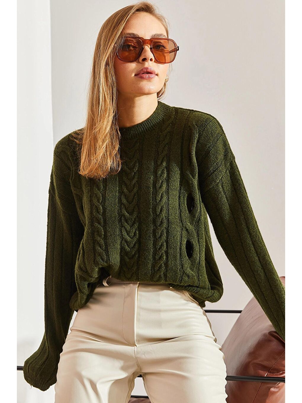 Yeşil Kadın Saç Örgülü Desenli Triko Kazak-4