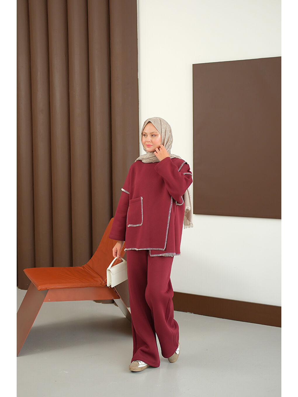 Kadın Dikiş Detay Cepli Takım Bordo-1