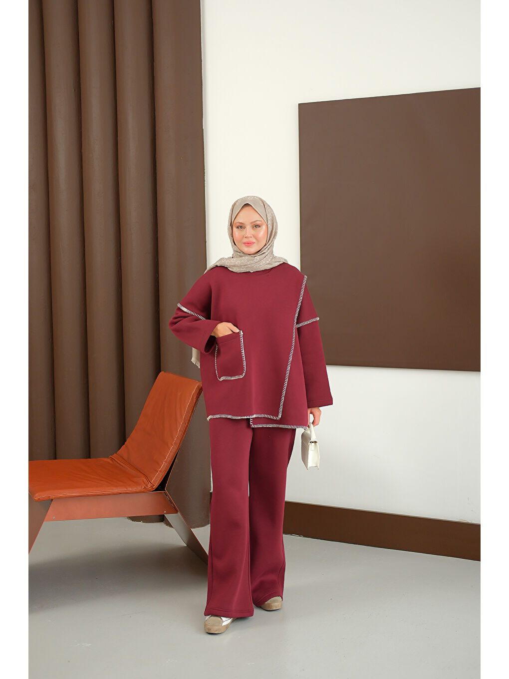 Kadın Dikiş Detay Cepli Takım Bordo-2